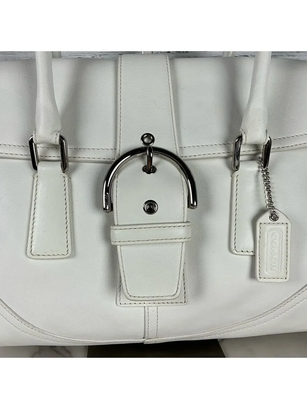 Coach Buckle Vintage Hand Shoulder Bag Soho‎ White Leather Satchel Silver Hardwa